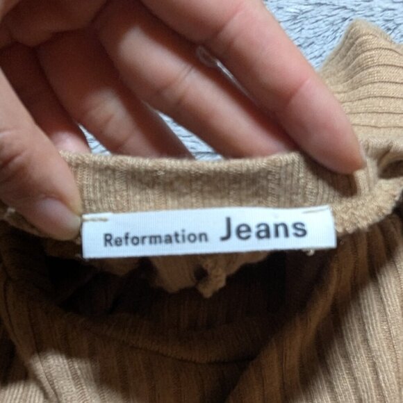 Reformation Wednesday Dress Midi Camel Tan Ribbed Long Sleeve Stretch Large - Picture 4 of 11